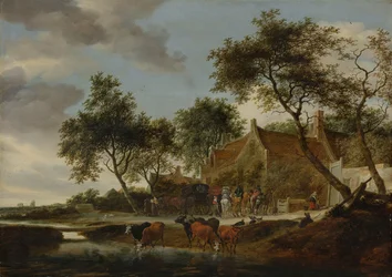 Landschap met reizigers voor een herberg bij een drinkplaats