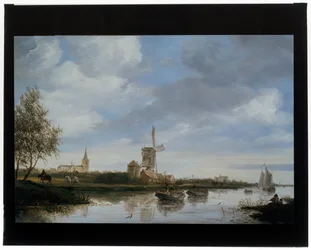 Rivierlandschap met molen