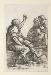 Een oude man praat met drie mannen