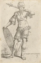 Staande exotische krijger met leeuwenkopmuts, met knots en schild, ca. 1656-57