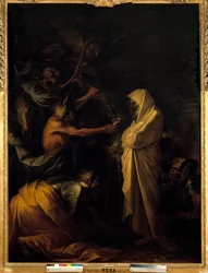 De schaduw van Samuel verschijnt aan Saul bij de heks van Endor, omstreeks 1668. Afmetingen 2,73 x 1,93 m
