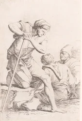 Twee mannen zittend en een andere man met een staf knielend op een rots, uit de serie, ca. 1656-1657