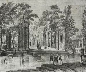 Amfitheater op eiland in Lazienki Park, Warschau, Polen, lithografie door Salvatore Puglia uit Poliorama Pittoresco, nr. 51, 30 juli