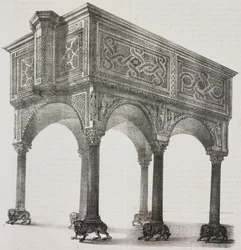 Oude ambo in de kathedraal van Sessa Aurunca, Campania, Italië, lithografie door Salvatore Puglia naar een tekening van Pasquale Mattei (1813-1879) uit Poliorama Pittoresco, nr. 43, 31 mei