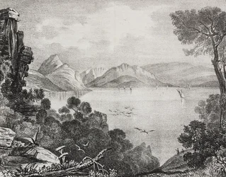 Oude ruïnes beschouwd als die van het paleis van Ulysses op het eiland Calypso, eiland Corcyra (nu Corfu), Ionische Eilanden, Griekenland, lithografie uit Poliorama Pittoresco, nr. 22, 4 januari