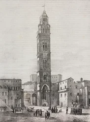 Klokkentoren van de kathedraal van Gaeta, Lazio, Italië, lithografie door Salvatore Puglia naar een tekening van Pasquale Mattei (1813-1879), uit Poliorama Pittoresco, nr. 48, 6 juli