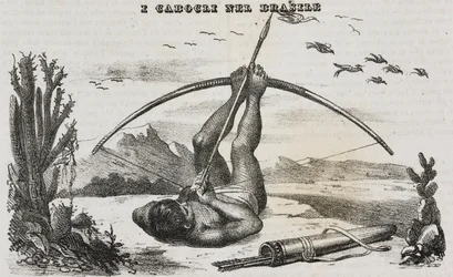 Caboclo man met bogen en pijlen, Brazilië. Lithografie door Salvatore Puglia uit Poliorama Pittoresco