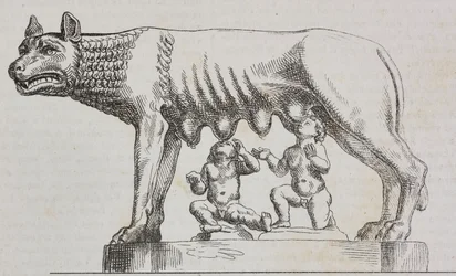 Capitolijnse wolvin, bronzen beeld, Rome, Lazio, Italië, lithografie uit Poliorama Pittoresco, nr. 25, 25 januari