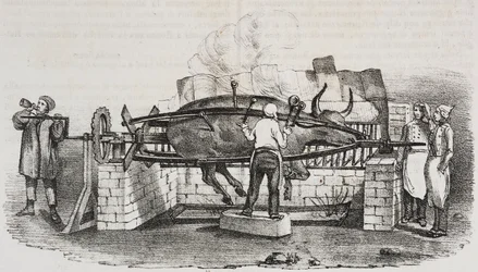 Kolossale braadstuk, lithografie door Salvatore Puglia uit Poliorama Pittoresco, nr. 4, 2 september
