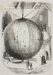 Koperen heteluchtballon uitgevonden door Edmond Marey-Monge, Frankrijk, lithografie door Salvatore Puglia uit Poliorama Pittoresco, nr. 41, 18 mei