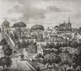 Oostelijk zicht op Mesagne, Apulië, Italië. Lithografie door Salvatore Puglia uit Poliorama Pittoresco