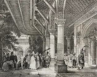 Inkomhal van Serraglio, Turkije, uit het verhaal harem in het Oosten, lithografie uit Poliorama Pittoresco, nr. 12, 28 oktober