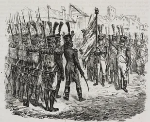 Vlag van het 84e regiment, lithografie door Salvatore Puglia uit Geschiedenis van Napoleon door Cesare Malpica, uit Poliorama Pittoresco, nr. 16, 25 november