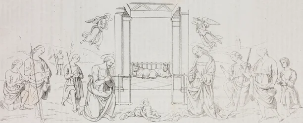 Fontignano Geboorte, Aanbidding van de herders, lithografie naar schilderij van Pietro Perugino uit Poliorama Pittoresco, nr. 42, 24 mei