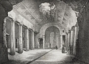Hal in de oude villa van de Prins van Caposele in Formia, Lazio, Italië, lithografie door Salvatore Puglia uit Poliorama Pittoresco, nr. 23, 11 januari