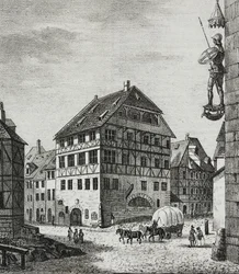 Huis van Albrecht Dürer (1471-1528) in Neurenberg, Duitsland, lithografie door Salvatore Puglia uit Poliorama Pittoresco, nr. 31, 12 maart