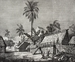 Huis van de koningin van Noukahiva-eiland, Marquesas-eilanden, Frans-Polynesië, lithografie door Salvatore Puglia uit Poliorama Pittoresco, nr. 37, 22 april