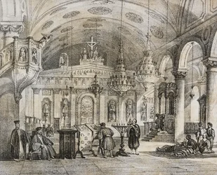 Interieur van de Griekse kerk van Baloukli, nabij Constantinopel, Turkije, lithografie door Salvatore Puglia uit Poliorama Pittoresco, nr. 28, 15 februari