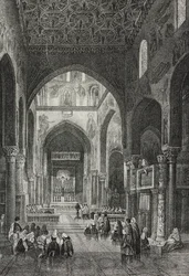 Interieur van de Palatijnse Kapel in Palazzo dei Normanni of Koninklijk Paleis in Palermo, Sicilië, Italië, lithografie door Salvatore Puglia uit Poliorama Pittoresco, nr. 41, 21 mei