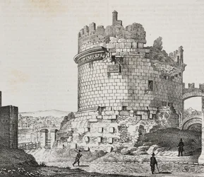 Mausoleum van Cecilia Metella aan de Via Appia, Rome, Lazio, Italië, lithografie door Salvatore Puglia uit Poliorama Pittoresco, nr. 20, 21 december