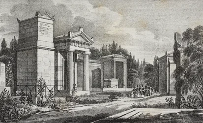 Père-Lachaise-begraafplaats, Parijs, Frankrijk, lithografie door Salvatore Puglia uit Poliorama Pittoresco, nr. 19, 17 december