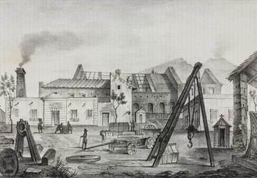 Reale Opificio meccanico (Koninklijke Mechanische Fabriek) in Pietrarsa, Campania, Italië, lithografie door Gaetano Riccio uit Poliorama Pittoresco, nr. 39, 7 mei