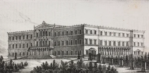 Koninklijk Paleis in Athene, Griekenland, lithografie door Salvatore Puglia uit Poliorama Pittoresco, nr. 5, 9 september