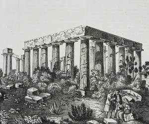 Tempel van Apollo op de berg Panellenius, Griekenland, lithografie door Salvatore Puglia uit Poliorama Pittoresco, nr. 40, 14 mei