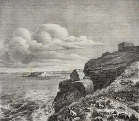 Graf voor Francois-Rene de Chateaubriand in Saint-Malo, Frankrijk, lithografie door Gaetano Riccio uit Poliorama Pittoresco, nr. 32, 18 maart