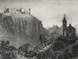 Reis naar Cappelluccia, scène van Magic Lantern, verzameling verhalen en afbeeldingen, lithografie door Salvatore Puglia uit Poliorama Pittoresco, nr. 41, 17 mei