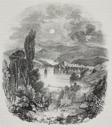 Uitzicht op het Cephissus-meer in Boeotië, Griekenland, lithografie door Salvatore Puglia uit Poliorama Pittoresco, nr. 9, 8 oktober