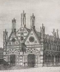 Uitzicht op de kerk van Santa Maria della Spina in Pisa, Toscane, Italië, lithografie uit Poliorama Pittoresco, nr. 34, 29 maart