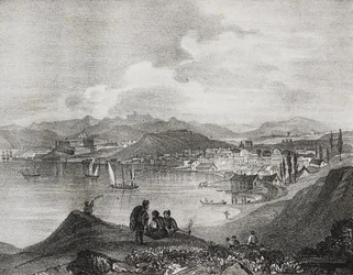 Uitzicht op Corfu vanaf de berg Oliveto, Ionische Eilanden, Griekenland, lithografie door Salvatore Puglia uit Poliorama Pittoresco, nr. 25, 25 januari