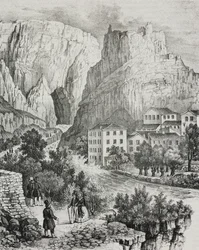 Uitzicht op Fontaine-de-Vaucluse, Frankrijk, lithografie door Sardi uit Poliorama Pittoresco, nr. 51, 30 juli