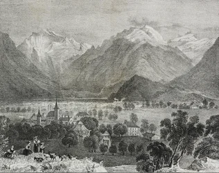 Uitzicht op Interlaken, Zwitserland, lithografie door Salvatore Puglia uit Poliorama Pittoresco, nr. 36, 16 april