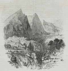 Uitzicht op de berg Parnassus vanuit Delphi, Griekenland, lithografie door Salvatore Puglia uit Poliorama Pittoresco, nr. 46, 25 juni