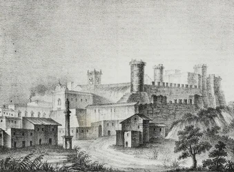 Uitzicht op Oria, Apulië, Italië, lithografie door Salvatore Puglia uit Poliorama Pittoresco, nr. 13, 6 november