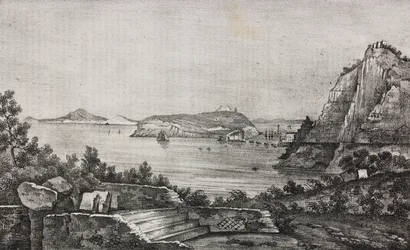 Uitzicht op Posillipo vanaf het terras van monseigneur Di Pietro, Campania, Italië, lithografie uit Poliorama Pittoresco, nr. 32, 16 maart