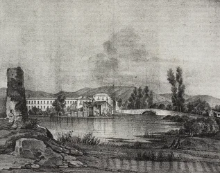 Uitzicht op Santa Restituta fabriek en kerk aan de oevers van de Fibreno-rivier in Cornello, Lazio, Italië, lithografie door Salvatore Puglia naar tekening van Raffaele Carelli, uit Poliorama Pittoresco, nr. 16, 26 november