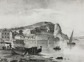 Uitzicht op Terracina, Lazio, Italië, lithografie door Salvatore Puglia uit Poliorama Pittoresco, nr. 22, 8 januari