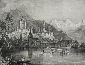 Uitzicht op Thun, Kanton Bern, Zwitserland, lithografie door Salvatore Puglia uit Poliorama Pittoresco, nr. 35, 9 april