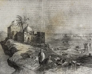 Uitzicht op Tyrus, Libanon, lithografie door Salvatore Puglia uit Poliorama Pittoresco, nr. 24, 21 januari