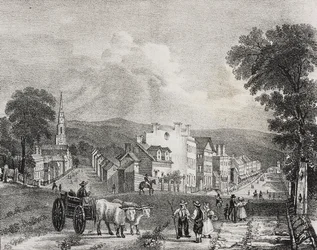 Uitzicht op Utica, Verenigde Staten van Amerika, lithografie door Salvatore Puglia uit Poliorama Pittoresco, nr. 49, 13 juli