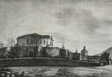 Uitzicht op kasteel van Acerra, Campania, Italië, uit Poliorama Pittoresco, nr. 30, 5 maart