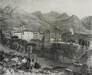 Uitzicht op klooster van San Martino delle Scale bij Palermo, Sicilië, Italië, lithografie door Salvatore Puglia uit Poliorama Pittoresco, nr. 47, 2 juli