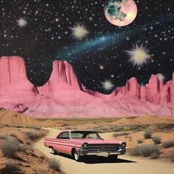Roze auto in de kosmische woestijn