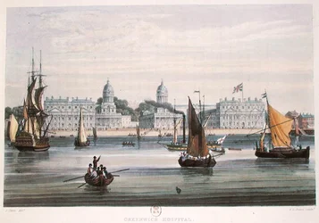Greenwich Hospital, gegraveerd door R.G. Reeve 1828 (gekleurde gravure)