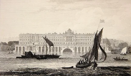 Uitzicht op Somerset House vanaf de rivier de Theems, gegraveerd door W.B. Cooke (1814)