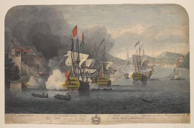 Inname van Porto Bello door Adml: Vernon Novr: 22d. 1739 (lijngravure, ingekleurd)