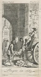 Verzamelen van pestslachtoffers, Holywell Lane, Shoreditch, Londen, VK (gravure)
